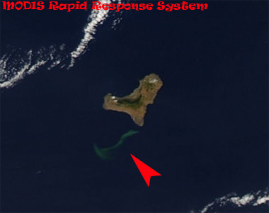 Crisis volcánica en El Hierro, Canarias, mancha vista desde el satélite TERRA