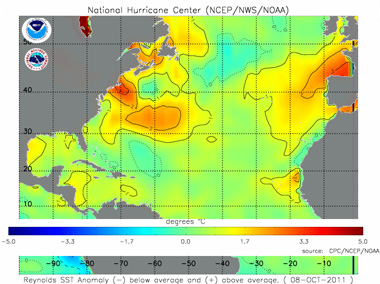 Destacadas anomalías positivas de temperatura en el Atlántico Norte