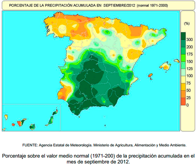 AEMET, Septiembre de 2012 algo cálido y húmedo en España