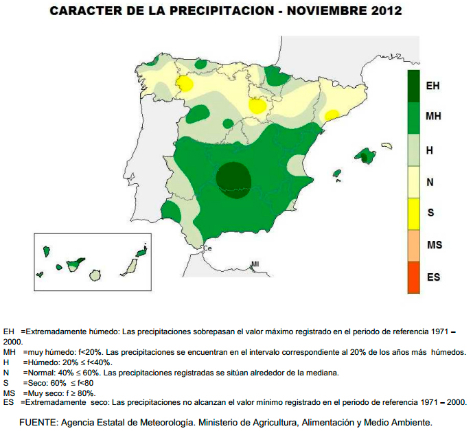 AEMET, noviembre de 2012: Muy húmedo y algo más cálido de lo normal