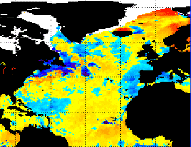 Contrastes de anomalías de temperaturas superficiales entre el Atlántico Norte y el Mediterráneo