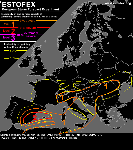 Probabilidad de fuertes tormentas en la mitad oriental de la Peninsula Iberica y Baleares