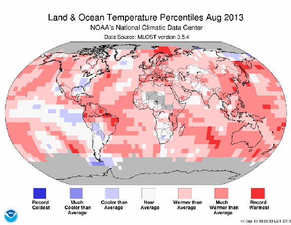 Informe climático de la Tierra. Agosto de 2013, el cuarto más cálido desde 1880. 342º mes consecutivo por encima del promedio