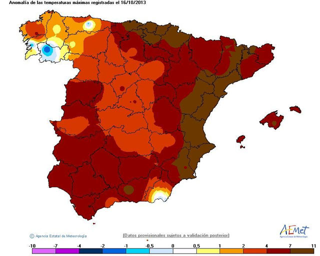 Calores de octubre, pronunciadas anomalías positivas de temperatura en España