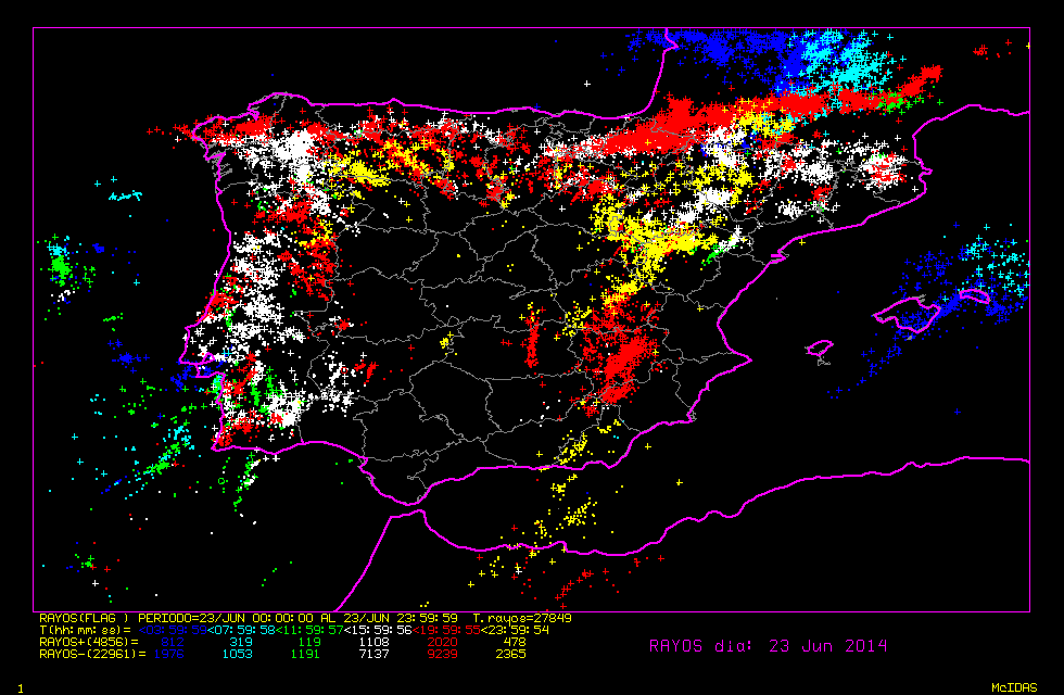 23 junio 2014, 28000 rayos en la Peninsula Iberica y Baleares