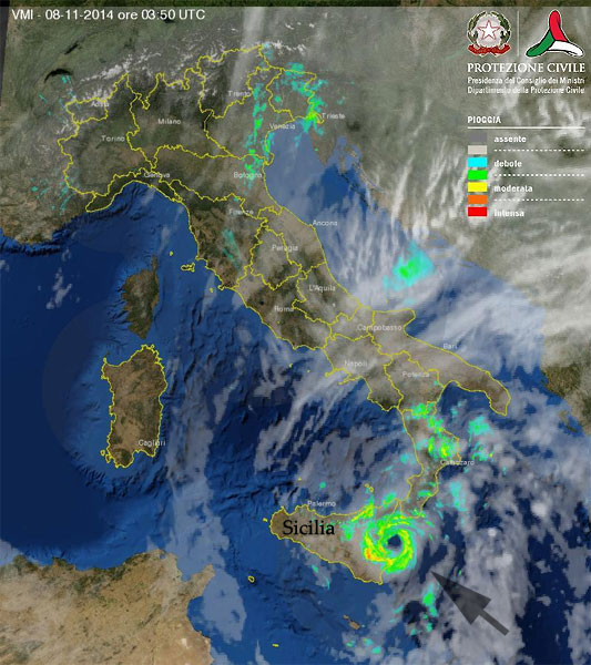 El medicane, huracan mediterraneo, de Sicilia, 8 noviembre 2014