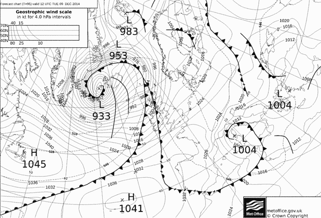 Probable proceso de ciclogenesis explosiva entre la Peninsula del Labrador e Islandia