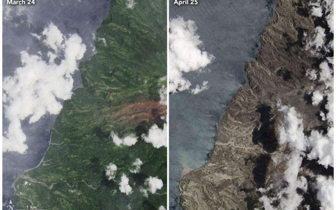 Volcán La Soufriére: Isla San Vicente cubierta de cenizas y fragmentos de roca y vidrio.