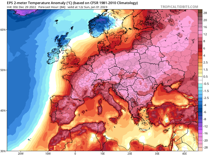 Más de 15 ºC de anomalía térmica en Nochevieja en Europa